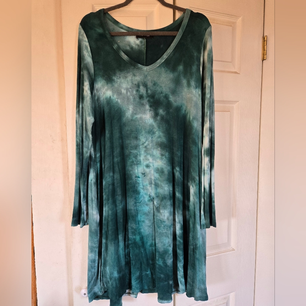 Teal/White Long Sleeve Tie-Dye Dress 1X